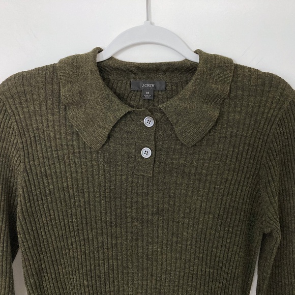 J. Crew Heathered Olive Green Ruffle Collar Ribbed Sweater Merino Wool - M - Picture 2 of 5